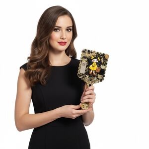 Handheld Beauty Makeup Mirror Clay Doll Bling Embellished Decorated Black